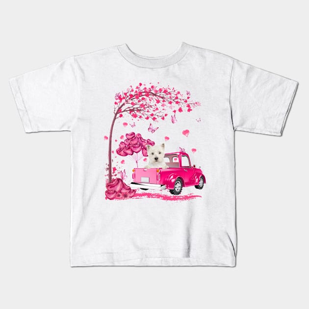 Valentine's Day Love Pickup Truck West Highland White Terrier Kids T-Shirt by Vintage White Rose Bouquets